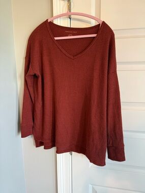 American Eagle Rust Waffle Knit V-Neck Long Sleeve soft and sexy Top